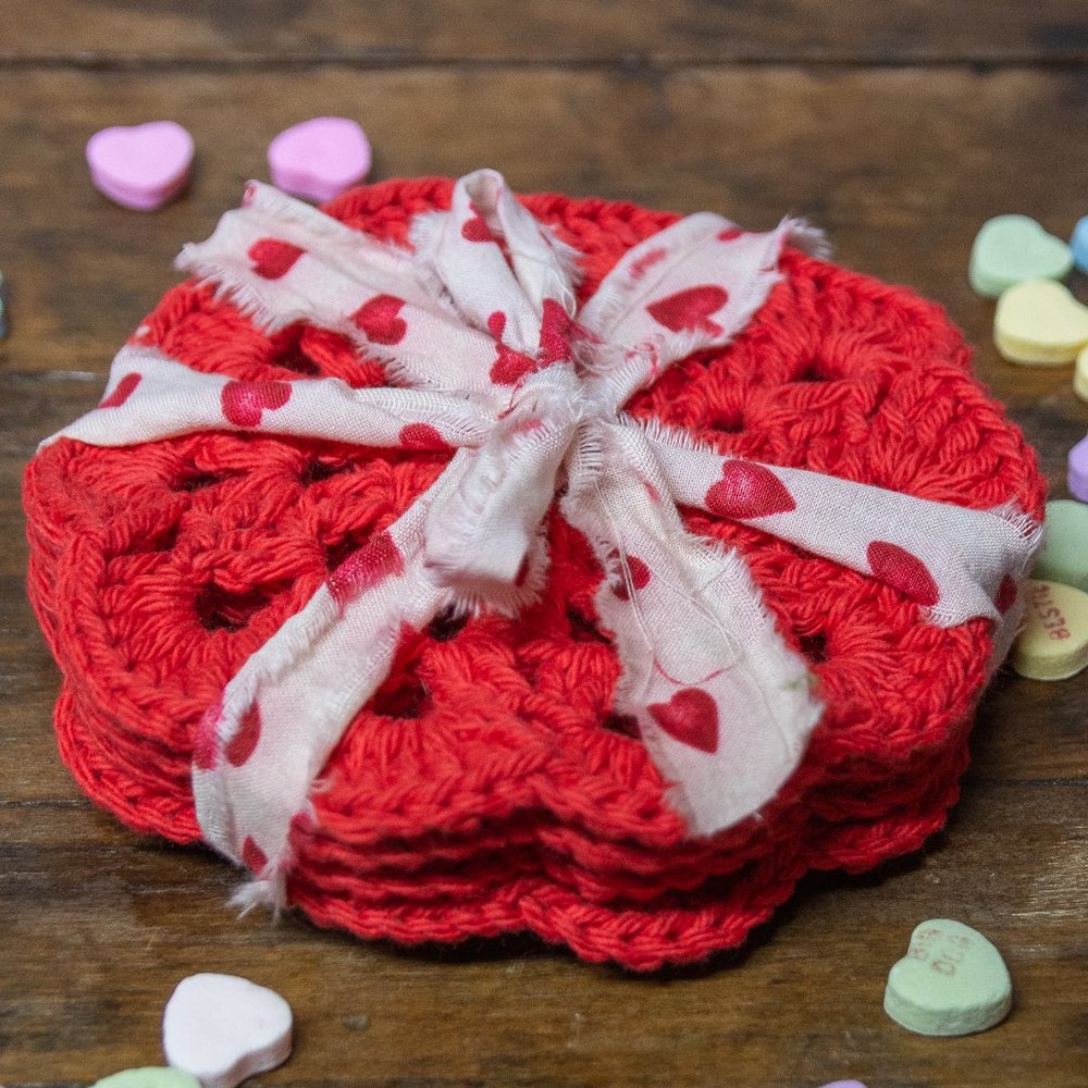Handmade set of 4 crochet red drink coasters or doily